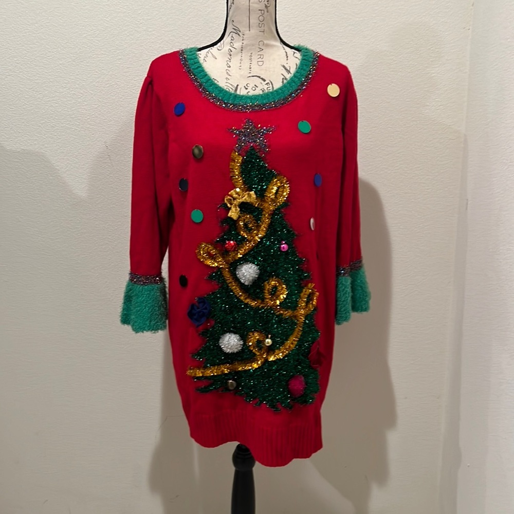 Women's Celebrate Together Crewneck Tree Tunic Christmas Sweater size XL